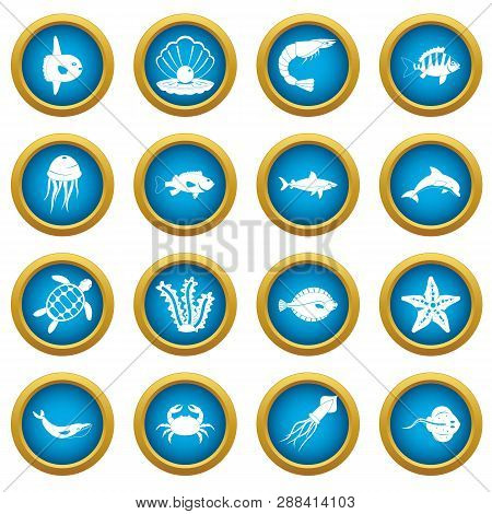 Sea Animals Icons Blue Circle Set Isolated On White For Digital Marketing