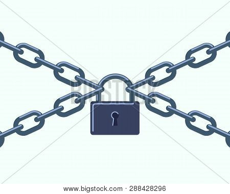 Closed Lock On The Chains. Symbol Of Protection Of Information, Property, Inaccessibility.
