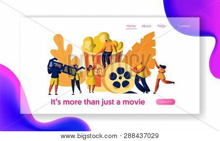 Cinema Movie Character With Popcorn And Drink Landing Page. Young People In 3d Glasses. Girl Carry T
