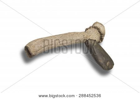 Lithic Axe Made With Polished Stone In Deer Antler Handle. Replica. Isolated Over White Background