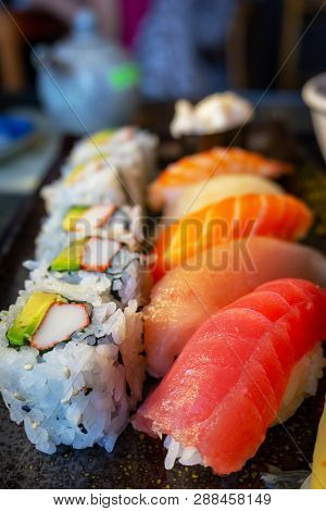 Delicious Japanese Nigiri Sushi Bento With Tuna Toro, Tuna Ahi, Salmon Sake, Yellowtail Hamachi, Shr