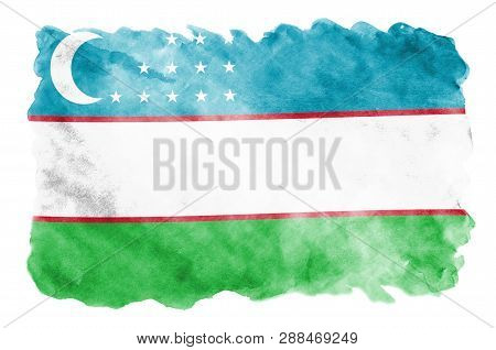 Uzbekistan Flag  Is Depicted In Liquid Watercolor Style Isolated On White Background