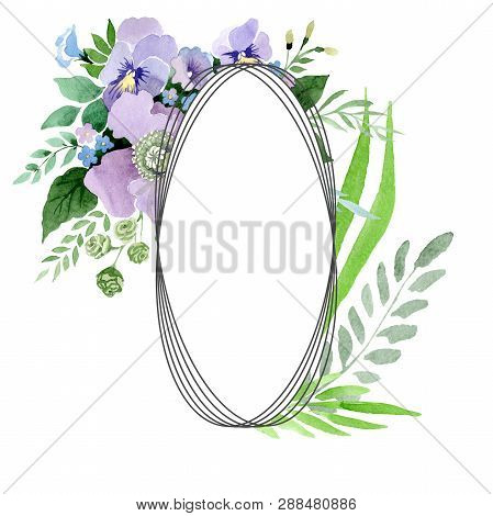 Violet Bouquet Floral Botanical Flowers. Watercolor Background Illustration Set. Frame Border Orname
