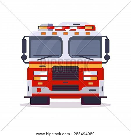 Front View Of Fire Engine Car With Lights. Flat Style Vector Illustration. Vehicle And Transport Ban
