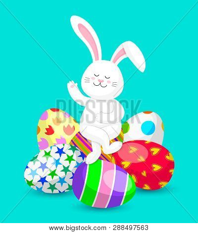 White Rabbit Sitting Cross-legged On Easter Eggs. Happy Easter Day Concept. Cute Bunny, Cartoon Char