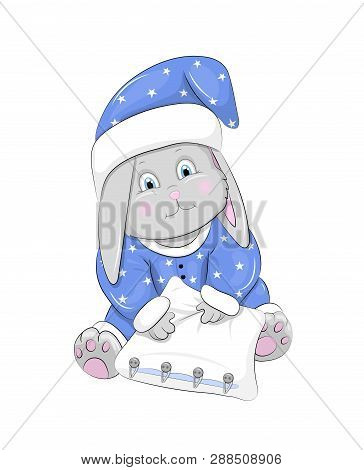 Cartoon Little Rabbit In Blue Clothes With Stars And A Pillow In The Hands.