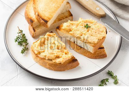 Chicken Pate With Carrots On Toast Bread, Delicious Spread For Breakfast. Healthy Food, Vegetable Sn