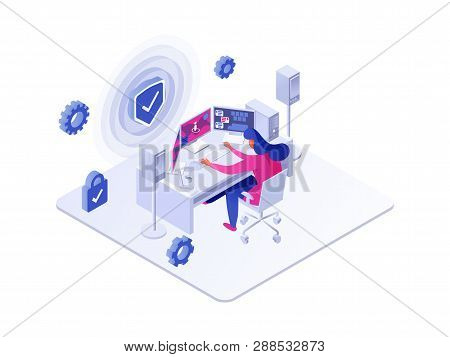 Security Concept. Woman Passing Time And Making Money Via Playing Computer Games In Safety Of Reliab