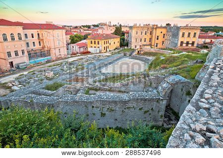 Town Of Pula Old Roman Theater Ruins View, Istria Region Of Croatia