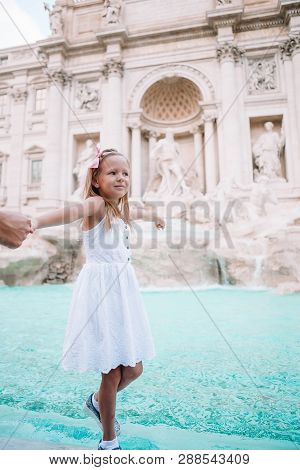 Adorable Little Girl Background Trevi Fountain, Rome, Italy. Happy Toodler Kid Enjoy Italian Vacatio