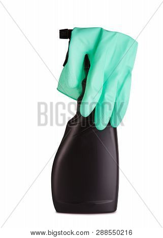 Spray Cleaner And Rubber Glove On A White Background. Spray Cleaner Fat On A White Background.