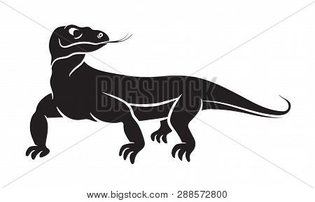 Varanus, Komodo Dragon Black Silhouette On White Background. Vector Illustration