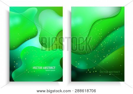 Vertical Banners Set With 3d Abstract Background With Ufo Green Wave Motion Flow, Geometric Elements