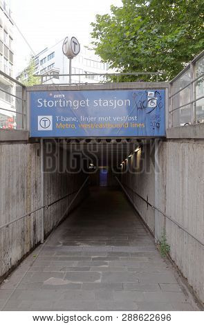 Oslo, Norway - September 16, 2016: Entrance To The Stortinget Metro Station In Downtown Oslo.