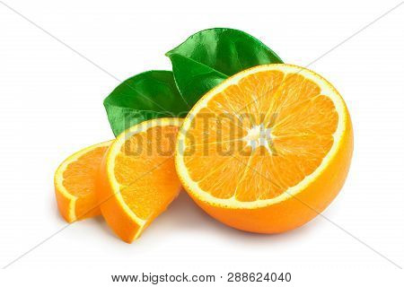Orange Fruit Half With Leaves Isolated On White Background