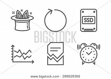 Diagram Chart, Corrupted File And Ssd Icons Simple Set. Hat-trick, Loop And Alarm Clock Signs. Prese