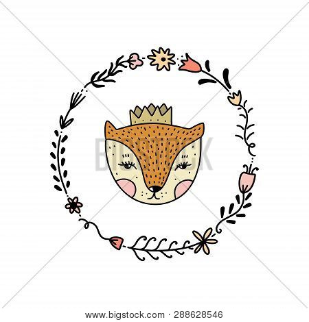 Vector Cute Little Fox Face Art And Boho Floral Frame. Poster And Banner Element, Childrens Book Ill