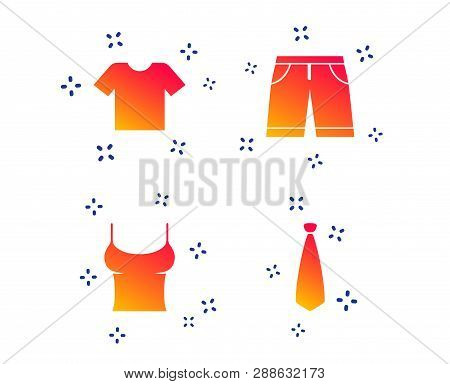 Clothes Icons. T-shirt And Bermuda Shorts Signs. Business Tie Symbol. Random Dynamic Shapes. Gradien