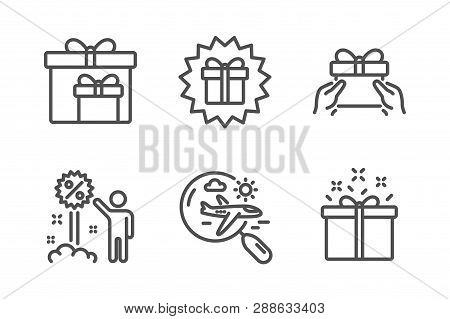 Discount, Surprise Gift And Give Present Icons Simple Set. Search Flight, Delivery Boxes And Special