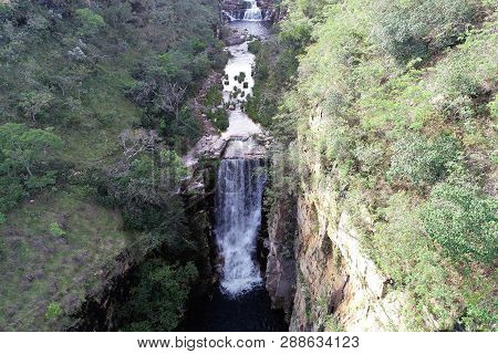 Aerial View Of A Beautiful Waterfall In Capitolio, Minas Gerais, Brazil. Capitolio Lagoon. Furnas Da