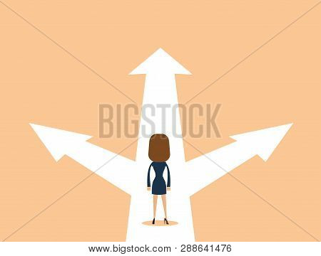 Business Woman Decision Concept Vector Illustration. Businessman Standing On The Crossroads With Thr