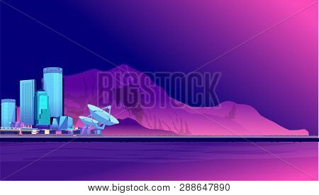 Vector Horizontal Illustration, Coastal City, Resort On The Background Of Mountains And Night Sky, C