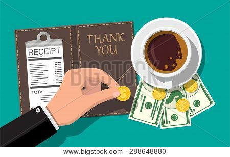 Folder With Cash Coins And Cashier Check. Coffee Cup. Thanks For The Service In The Restaurant. Mone
