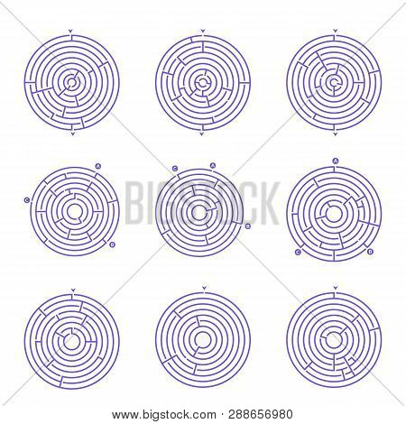 Set Of Circular Maze Labyrinth Games. Round Fing The Way Riddles.