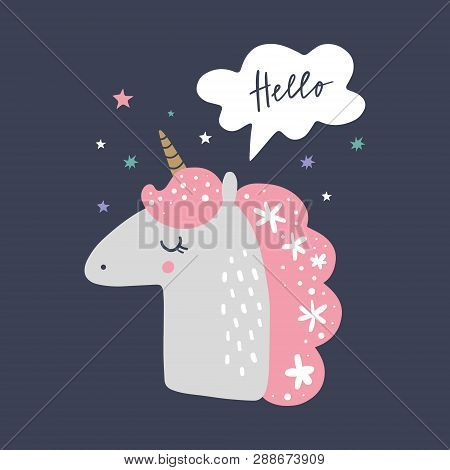 Vector Cute Unicorn And Inscription Love You. Poster And Banner Element, Children's Book Illustratio