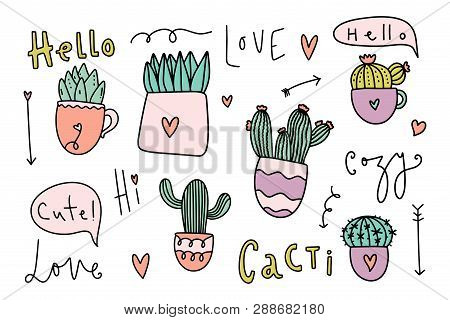 Cute Cozy Home Theme Cacti Collection. Vector Illustrations.