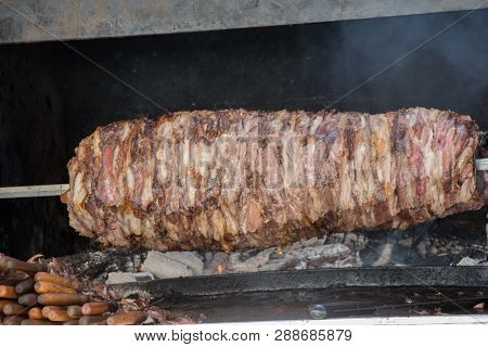 Turkish Cag Kebab Being Cooked In Fire In Display