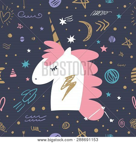 Vector Doodle Space Pattern With Unicorn. Textile Or Wrapping Paper Design.