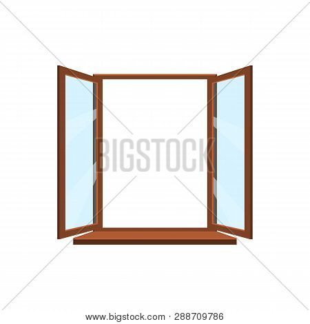 Vector Open Window. Window With Brown Frame, Sill And Blue Glass On White Background. Flat Style Vec
