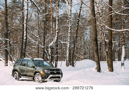 Gomel, Belarus - January 10, 2019: Renault Duster Or Dacia Duster Suv Parked In Snowy Forest. Duster