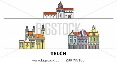 Czech Republic, Telc Flat Landmarks Vector Illustration. Czech Republic, Telc Line City With Famous 
