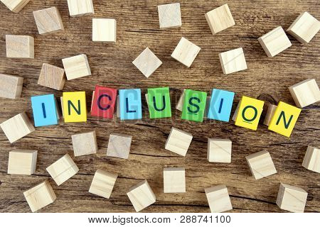 Concept: Inclusion With Colorful Toy Letters And Wooden Cubes On Dark Background