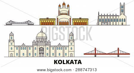 India, Kolkata Flat Landmarks Vector Illustration. India, Kolkata Line City With Famous Travel Sight