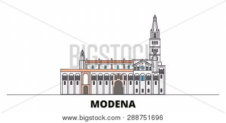 Italy, Modena Flat Landmarks Vector Illustration. Italy, Modena Line City With Famous Travel Sights,