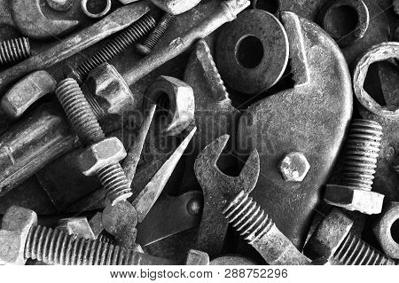 Many Rust Steel On Cement Ground In Black And White Photography