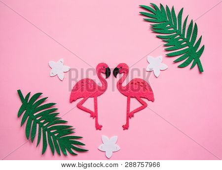 Flamingos And Leaves On A Pink Background. Summer Design.