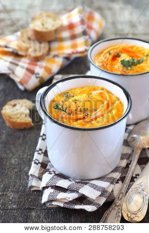 Vegetable Carrot Soup And Bread, Two Portions. Rustic Style