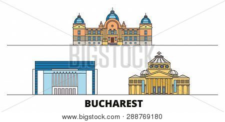 Romania, Bucharest Flat Landmarks Vector Illustration. Romania, Bucharest Line City With Famous Trav