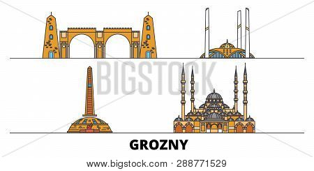 Russia, Grozny Flat Landmarks Vector Illustration. Russia, Grozny Line City With Famous Travel Sight