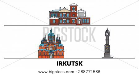 Russia, Irkutsk Flat Landmarks Vector Illustration. Russia, Irkutsk Line City With Famous Travel Sig