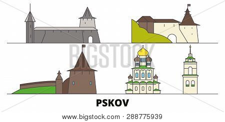 Russia, Pskov Flat Landmarks Vector Illustration. Russia, Pskov Line City With Famous Travel Sights,