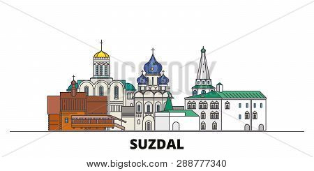Russia, Suzdal City Flat Landmarks Vector Illustration. Russia, Suzdal City Line City With Famous Tr