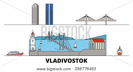 Russia, Vladivostok Flat Landmarks Vector Illustration. Russia, Vladivostok Line City With Famous Tr