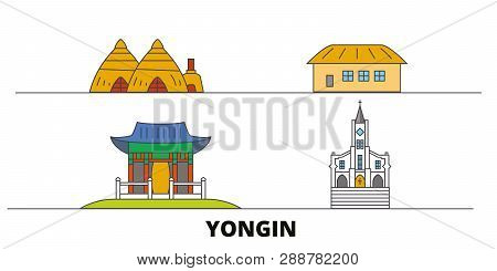 South Korea, Yongin Flat Landmarks Vector Illustration. South Korea, Yongin Line City With Famous Tr