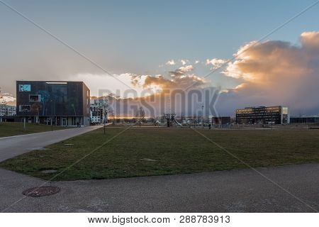 Boeblingen,germany - March 07,2019:flugfeld(evening) There Are A Lot Of New Apartment Buildings,a Sm