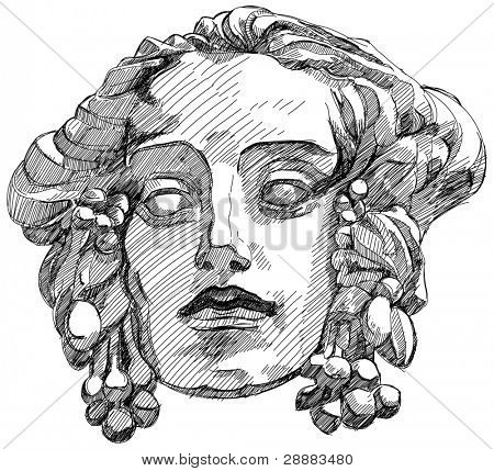 Cara mulher com ramos de Oliveira, tecido para o cabelo. Elemento decorativo da fachada de um histórico